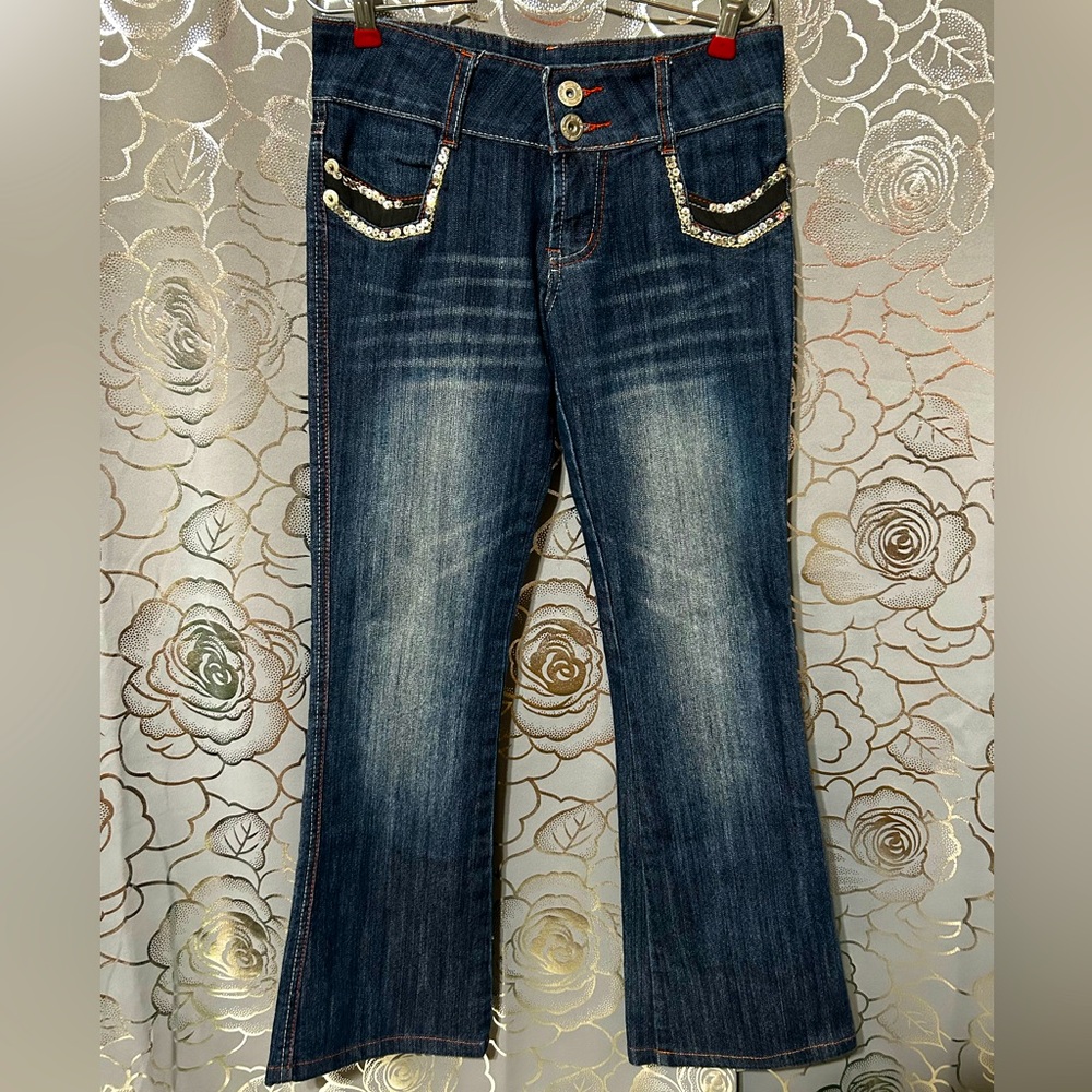 Blue Flare Leg Denim Y2K Sequin & Embroidered Jeans